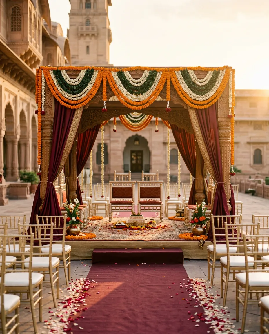 An Indian wedding mandap at golden hour, sample wedding website hero